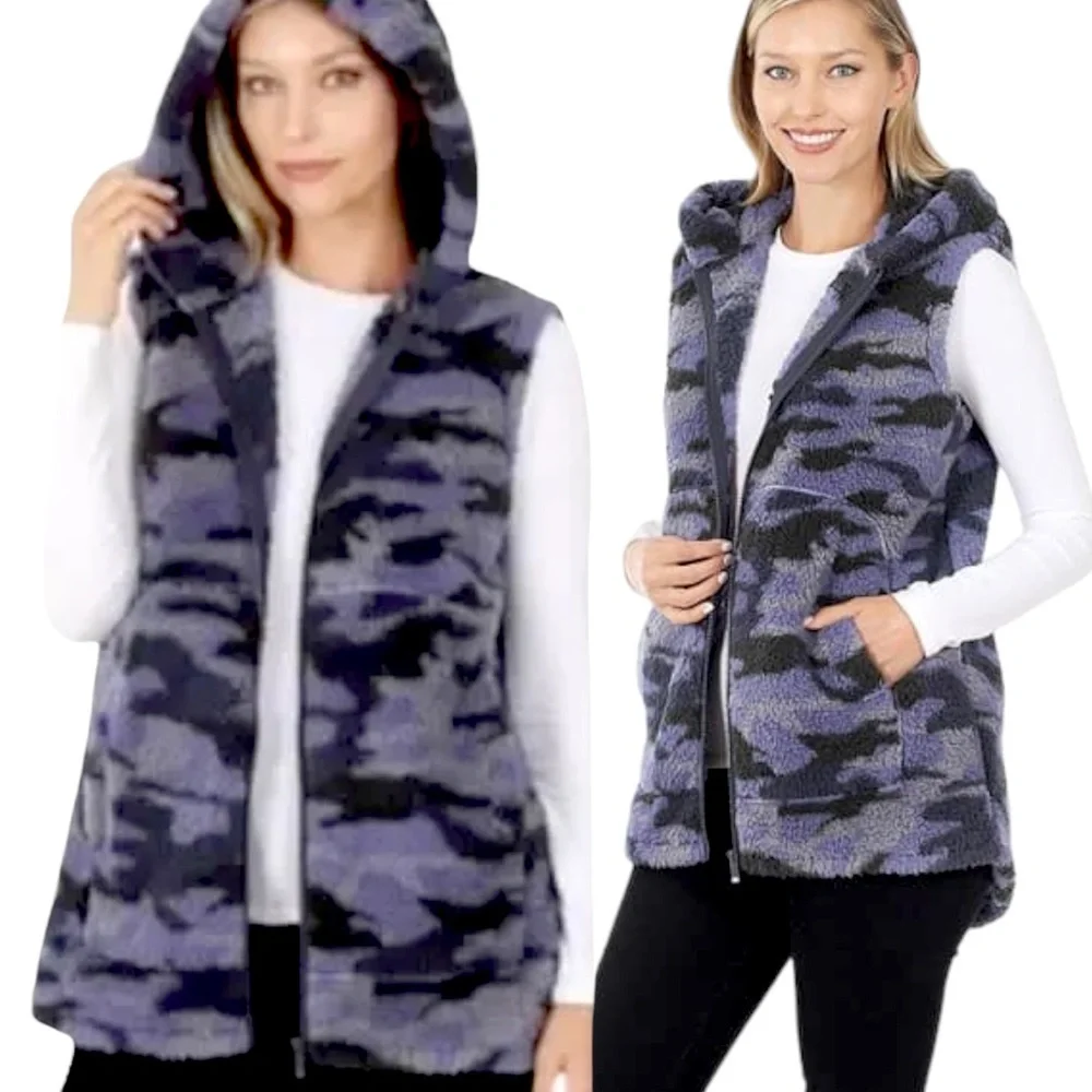 Zenana Sherpa Camouflage Print Zip-Up Hooded Vest with Pockets_14